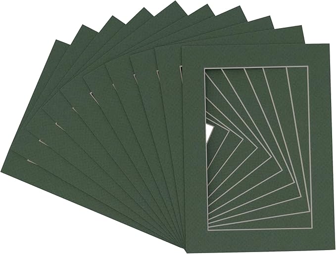 Pack of Ten Acid Free 8.5x11 Mats Bevel Cut for 7x9 Photos - Hunter Green Precut Matboards With Backing Boards and Self Seal Photo Mat Bags For Pictures, Photos, Framing - 4-ply Thickness