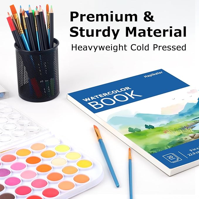 Hapikalor Watercolor Paper Pad, 9"x12" 140lb/300gsm Artist Drawing Sketch Book, Paper Pad, Art Journal, Arts and Crafts Supplies for Adults Kids, Paint Set, Colors, Canvas Painting, Watercolors, Blue