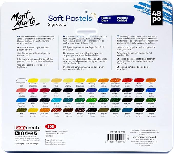 Mont Marte Soft Pastels in Tin Box Signature 48pc, 48 Assorted Colors, Vibrant Pastel Sticks, Great Blending, Comes in Storage Case, Ideal for Art, Craft, Coloring and Sketching