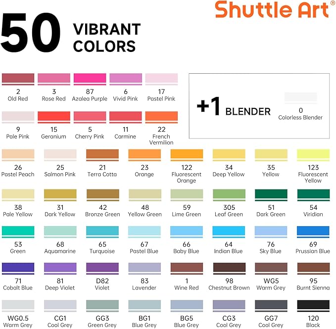 Shuttle Art Alcohol Markers Brush tip, Dual Tip Brush & Chisel Tip Art Marker Set, 50 Colors plus 1 Blender Permanent Marker Pens with Case Perfect for Illustration Students Adults Coloring
