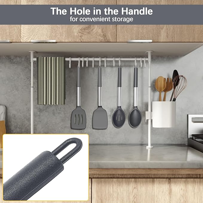 Silicone Spatula Spoon Set, 4 PCS Silicone Cooking Utensils Spatula Spoon Set with Stainless Steel Handle, BPA Free Kitchen Turners for Frying, Mixing, Serving, Draining, Turning, Stirring, Grey