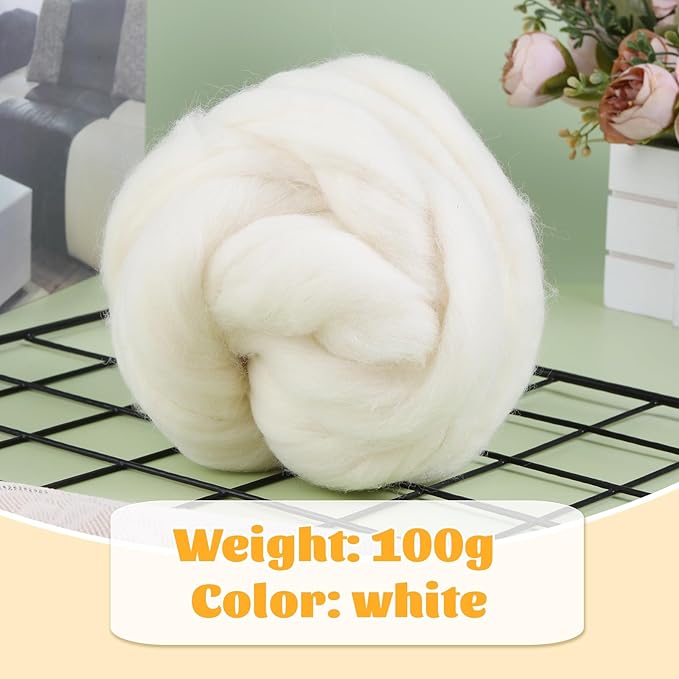 3.53oz Wool Roving Yarn, Fiber Roving Wool Top, Needle Felting Supplies, Pure Wools, Chunky Yarn, Spinning Wools for Needle Felting Wet DIY Hand Spinning (Natural White)