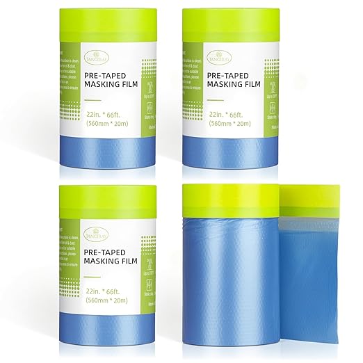 Pre-Taped Masking Film for Painting - 22" x 66' Painters Plastic Sheeting with Automotive Paint Tape and Drape for Covering Cars, Walls, Windows and Furniture Protection (4 Rolls)