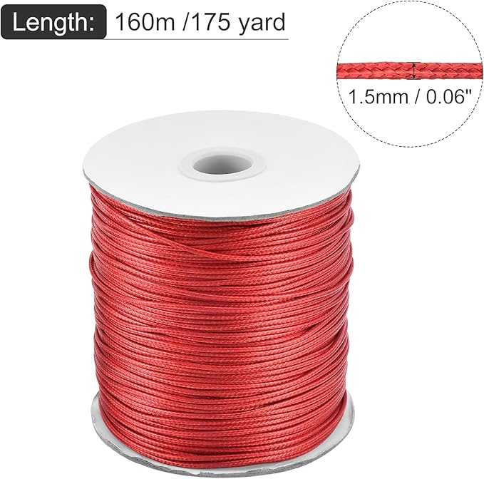 MECCANIXITY Waxed Cord 1.5mm Waxed Polyester Cord 175 Yard Wax String for Bracelet Making,Necklaces, Beading,Jewelry Making and DIY Crafts(Red)