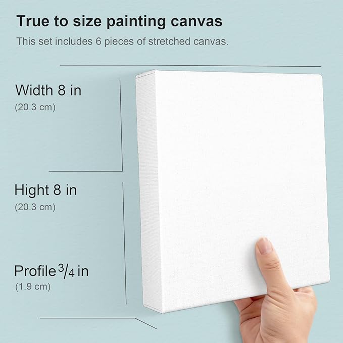 PHOENIX 8x8 Inch 6 Pack Artist Canvas - Small Square Stretched Canvases for Painting - 3/4 Inch Profile, 100% Cotton 11 Oz. Gesso Primed White Blank Professional Canvas Oil & Acrylic Paints