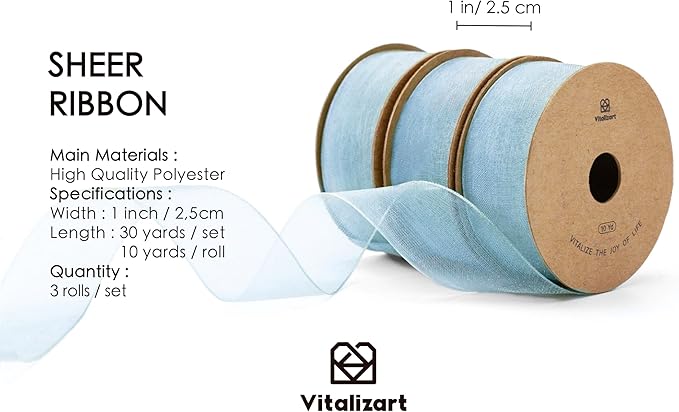 Vitalizart Dusty Blue Ribbon Organza Sheer Ribbon 1 inch x 30Yd Handmade Fabric Ribbons for Gift Wrapping Christmas Tree Crafts Bows Wedding Invitations Wreaths Wrap