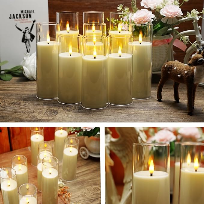 Flickering Flameless Candles Battery Operated with Remote and 2/4/6/8 H Timer Plexiglass Led Pillar Candles Pack of 9 (D2.3"xH 6"7"8")with Realistic Moving Wick Candles for Home Decor(Ivory)