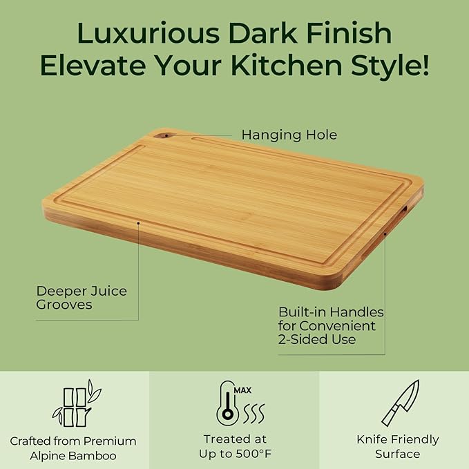 Chopping Board 2-Pcs Natural Bamboo Cutting Board With Juice Channels & Knife-Friendly Finish For Versatile Kitchen Use, Ideal Charcuterie & Chopping Multi-Use