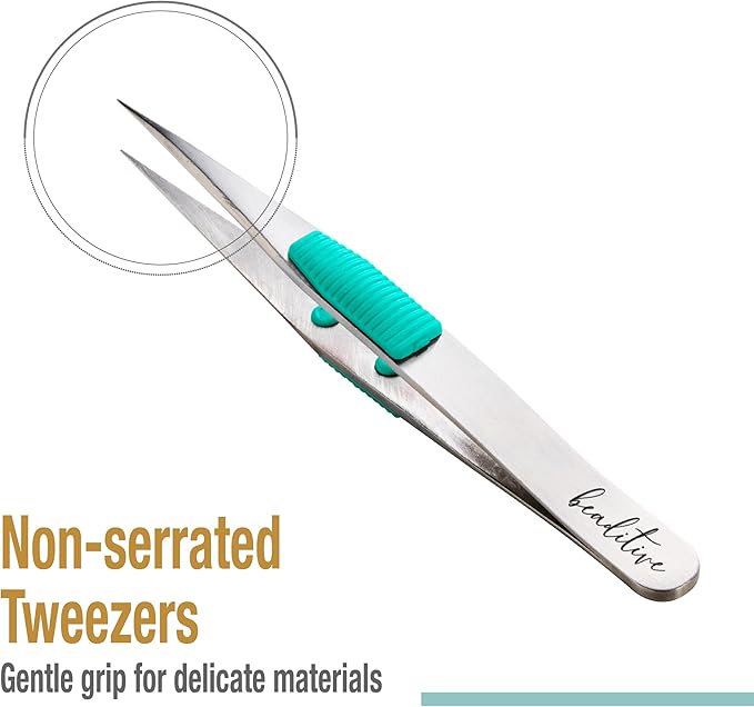 Beaditive High Precision Heavy-Duty Tweezers With Cushion - 4.7" Craft Tweezers for Sewing, Beading & DIY Crafts - Non-Serrated, Fine Point Tips - Stainless Steel Needle Nose Hobby Tweezers (Teal)