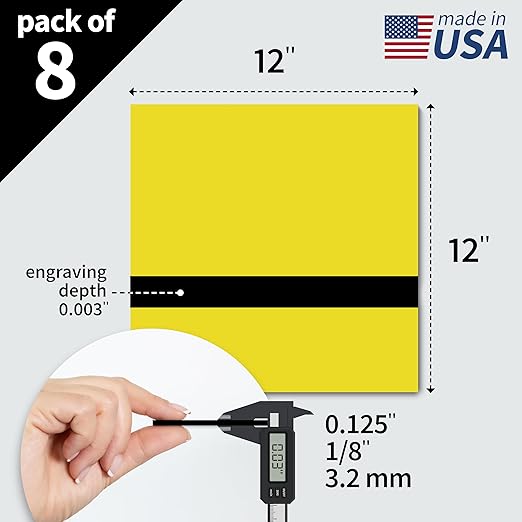 Trotec TroLase | 12"x12"x1/8", 8 Pcs | Yellow/Black| 2 Ply | Modified Acrylic | Laser Engraving Double Color Plastic Sheet | Engraving Blanks for Laser, Saw, Guillotine | Made in USA