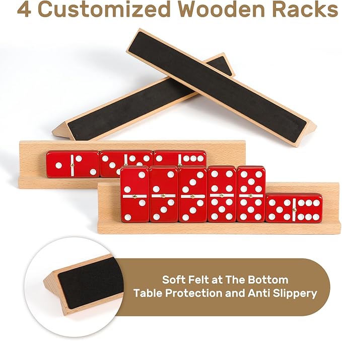 Dominoes Set for Adults with 4 Wooden Racks/Trays, Double Six Dominoes Travel Set with Portable Case Double 6 Dominoes Set with 4 Tiles Holders, 28 Tiles Dominos Set for Family Board Games - Red