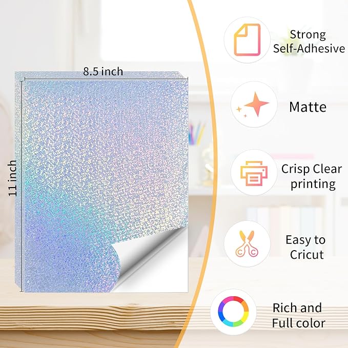 Printable Sticker Paper, Holographic Printable Stickers Paper, Laser/Inkjet Printing- Letter Size(8.5" x 11”- 20 Sheets)