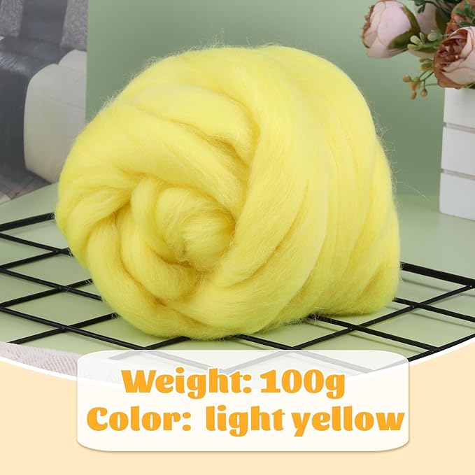 3.53oz Wool Roving Yarn, Fiber Roving Wool Top, Needle Felting Supplies, Pure Wools, Chunky Yarn, Spinning Wools for Needle Felting Wet DIY Hand Spinning (Light Yellow)