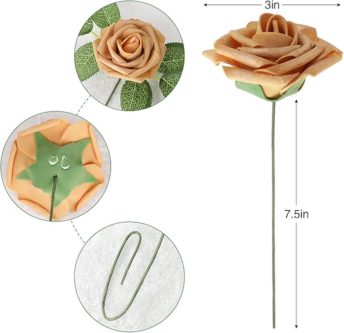 AmyHomie Artificial Flower Gold Rose 25pcs Real Looking Fake Roses w/Stem for DIY Wedding Bouquets Centerpieces Arrangements Party Baby Shower Home Decorations