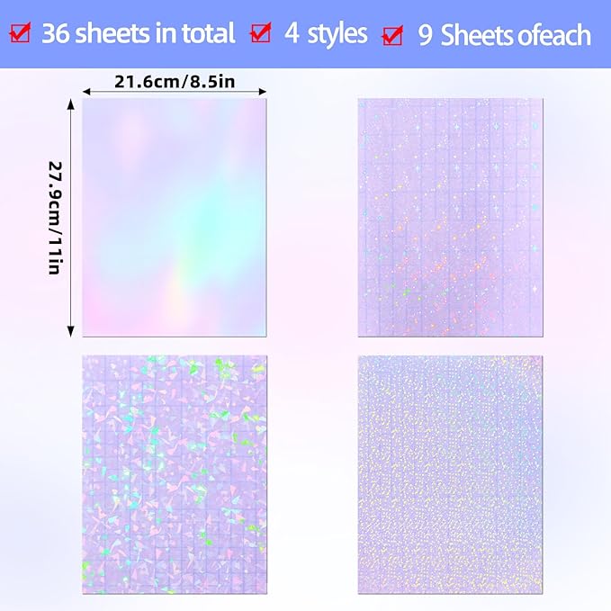 36 Sheets Holographic Sticker Paper, Transparent Holographic Vinyl Laminate Film, Clear Overlay Lamination Sticker Paper Self Adhesive Waterproof - Gem, Dot, Colorful, Star Patterns/8.5x11 inch