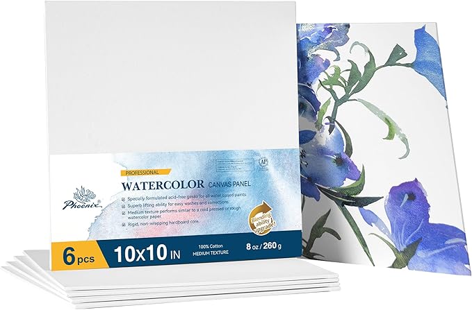 PHOENIX Watercolor Canvas Boards for Painting - 10x10 Inch/6 Pack, 100% Cotton Water Color Square Canvas Panels, 8 Oz. / 260g White Blank Medium Texture Flat Canvases for Water Based Paints