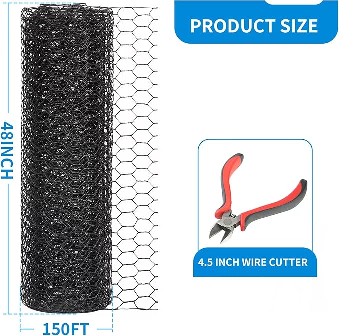48'' x 150' Black Chicken Wire Mesh Fence, 20 Gauge Galvanized Poultry Netting and 1 inch Garden Mesh Fence Roll, Chicken Wire for Floral Arrangements/Crafts/Farm/Livestock/Pet Protection