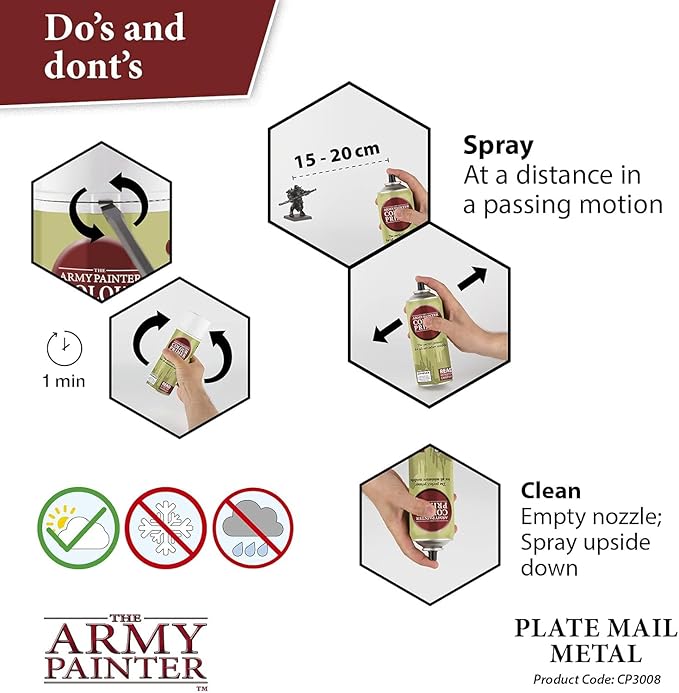 The Army Painter Colour Primer Plate Mail Metal, 400 mL Acrylic Spray Primer, Spray Paint Basecoat for Miniature Priming, Tabletop Roleplaying, Boardgames, and Wargames Miniature Modelling