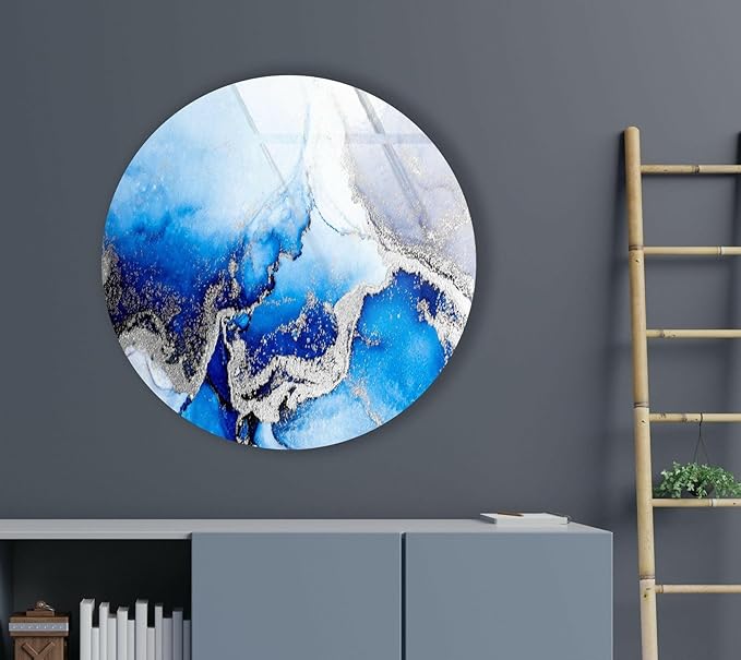 My Photostation.com 27.5''(70cm) Diameter Blue Marble Round with Silver Details Glass Wall Art Tempered Glass Printing Wall Decor Large Wall Art Wall Hangings