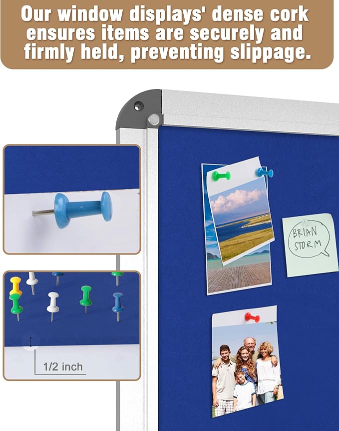 36"x24" Enclosed Bulletin Board, Lockable Weather-Resistant Aluminum Cork Noticeboard for School & Office, Silver Frame w/Blue Flet