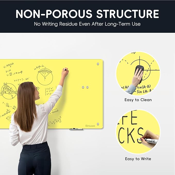 Magnetic Glass Whiteboard - Glass Dry Erase Board 48"x36" Large Frameless Glass Board for Walls Office School and Home, Yellow