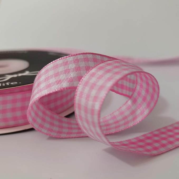 Pink Gingham Plaid Checked Ribbon 25 Yards Each Roll 100% Polyester (5/8",Pink)