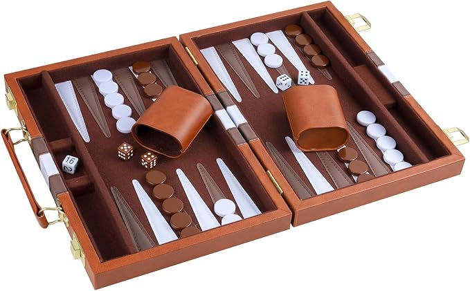 Backgammon Set 2 Players Classic Backgammon Sets for Adults Board Game with PU Leather Case Portable and Travel Backgammon Set (Brown, 15inch)