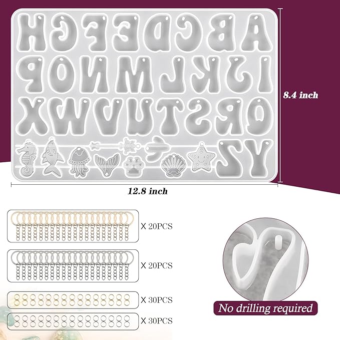 Actvty Alphabet Keychain Molds with Hole, Reversed Alphabet Silicone Molds for Epoxy, Letter Resin Molds for Keychain Jewelry Pendant Making