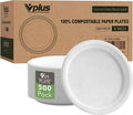 Vplus 500 Pack Paper Plates 9 inch 100% Compostable, Heavy-Duty Disposable Paper Plates Bagasse Natural Biodegradable Eco-Friendly Sugarcane（White）