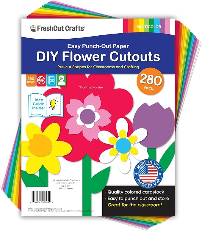 FreshCut Crafts: 280 Pieces of DIY Flower Cutouts with IDEA Guide - 2-Sided Punch Out Tulips, Daisies, Daffodils, Flowers Ideal for Spring Craft Projects, and Mother's Day DIY Gift Craft