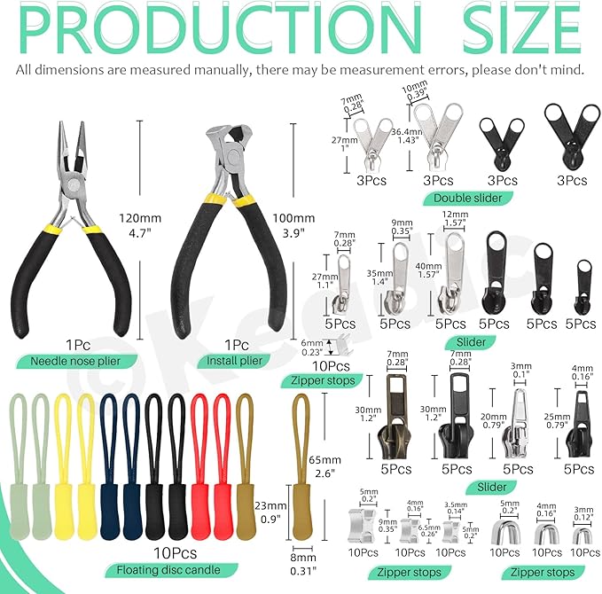 Keadic 144Pcs Zipper Repair Kit With 3/5/8 Sizes, Extension Pull, Top/Bottom Stops, Replacement Zippers, Pliers for Metal, Plastic, Nylon Coil Repair