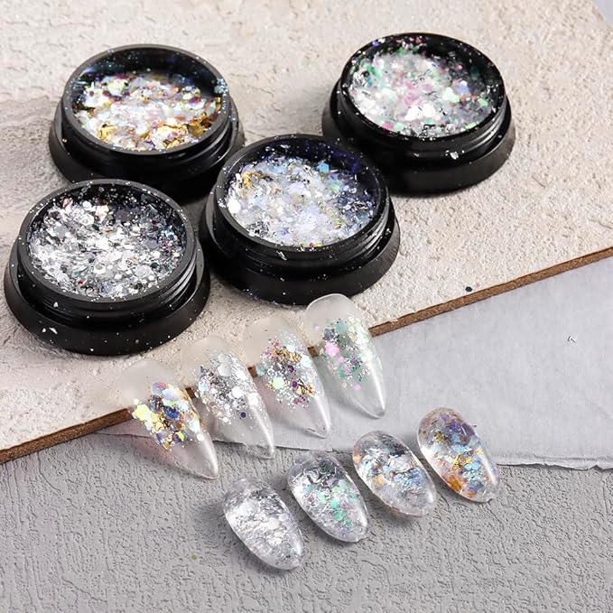 4 Boxes Chameleon Holographic Glitter Nail Art Sequins, Iridescent Mermaid Hexagon Flakes Sparkle Glitters Powder Dust Accessories for Women Manicure DIY Nail Art Decoration