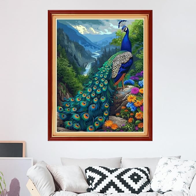 Foxdiviy Stamped Cross Stitch Kits for Beginners Full Range of Cross Stitching 11 CT Printed Cross Stitch Kits for Kids Adults Cross Stitch Patterns Needlepoint Kits-Blue Peacock Landscape 16x20 inch