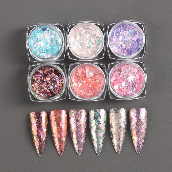 Holographic Iridescent Nail Art Glitter Flakes, 6 Colors Sparkly Ultra-Thin Aurora Foil Nail Art Flakes Designs, Opal Powder Nail Glitters Sequins Acrylic Supplies DIY Manicure Decorations