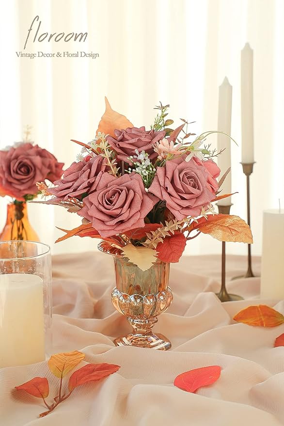 Floroom Artificial Flowers 16pcs 3.5" Real Looking Dusty Rose Foam Fake Hybrid Tea Roses with Stems for DIY Wedding Bouquets Bridal Shower Centerpieces Floral Arrangements Party Tables Home Decoration