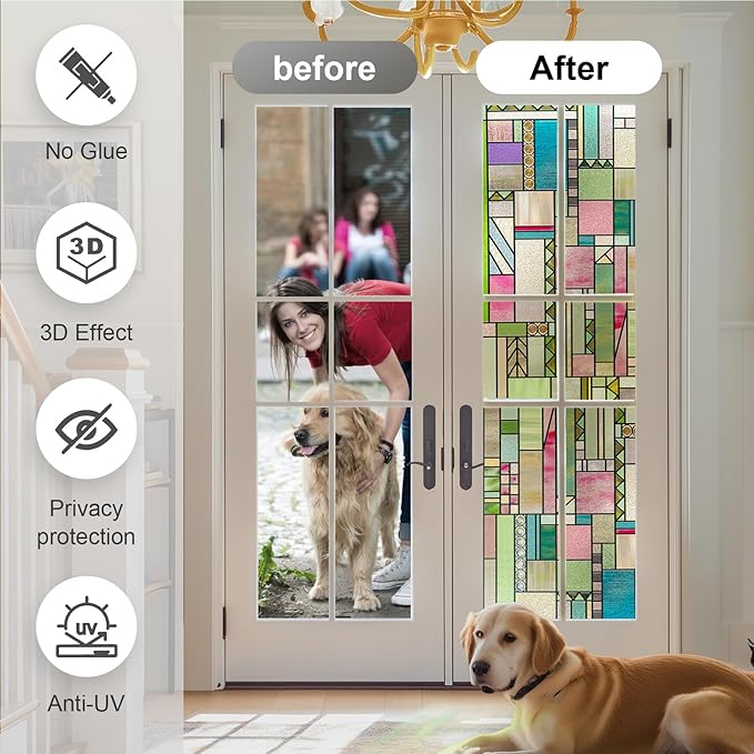 3D Stained Glass Window Privacy Film, Heat Control UV Blocking Static Cling Decorative Window Film for Bathroom,Front Door,Home Non Adhesive 35.4 x 78.7 inches Colorful Abstraction