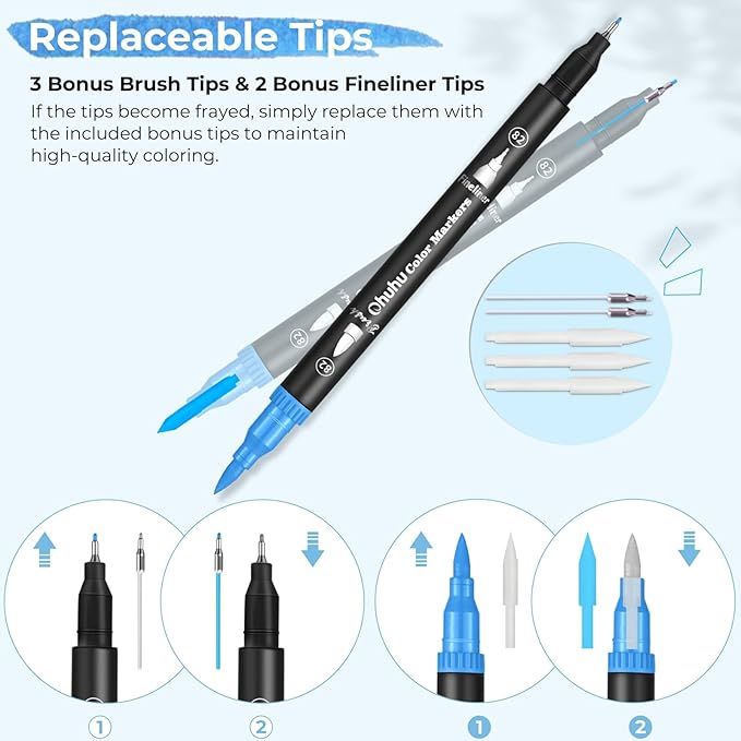 Ohuhu Markers for Adult Coloring Books No bleeding 60 Colors Coloring Markers Water-based Dual Tips Fineliner & Brush Drawing Pens Art Markers for Kids Adults Sketch Journal - Maui - Black