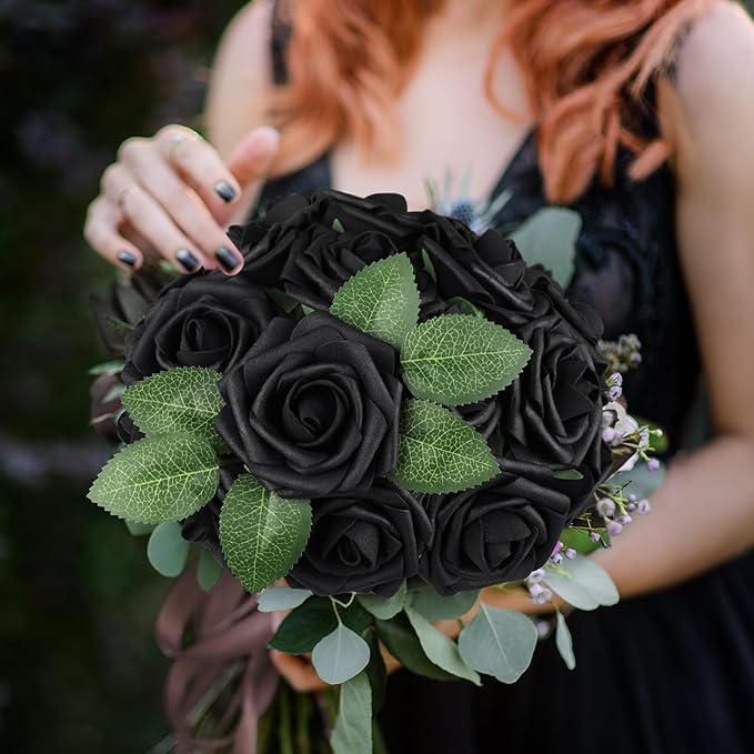 AmyHomie Artificial Flowers Black Rose 25pcs Real Looking Fake Roses w/Stem for DIY Wedding Bouquets Centerpieces Arrangements Party Baby Shower Home Decorations