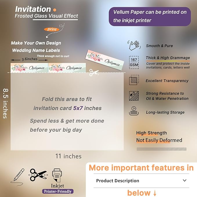 Thick Translucent Vellum Paper, Oplymio 42 Sheets 167GSM Printable Vellum Paper for Invitations, Envelopes, Heat Embossing, Belly Bands(8.5 x 11 Inches)