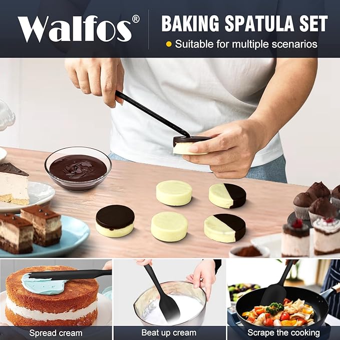 Walfos Silicone Spatula Set of 5 - (600°F) High Heat Resistant Kitchen Scraper Spatulas, One-Pieces Seamless Design, Perfect for Cooking Mixing & Baking - BPA Free and Dishwasher Safe,black