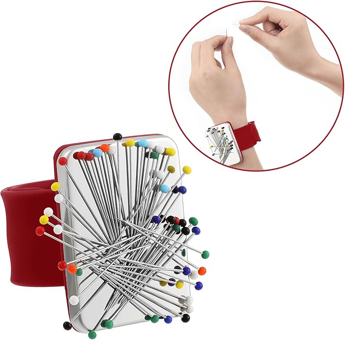 Magnetic Wrist Sewing Pincushion with 100 Pieces 1.5 Inch Ball Head Sewing Pins Set Wrist Magnetic Pin Holder Gift Supplies(Red)