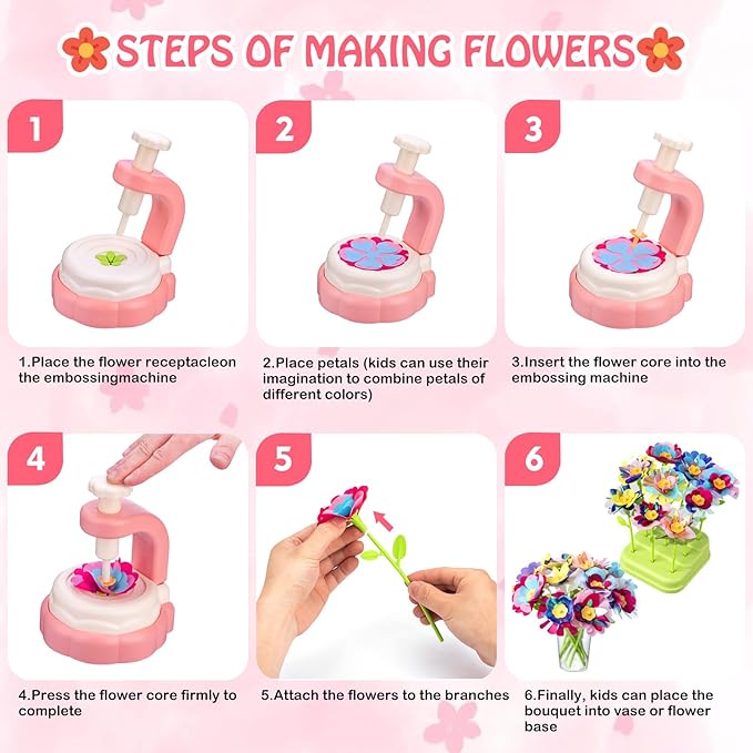 VROGTIK DIY Arts and Crafts Kits for Kids, Educational Toys for 3 4 5 6 7 8 9+ Year Old Girls, Fabric Flower Bouquets Toys Birthday Gifts for 3-12 Years Old Kids Build Your Own Flowers