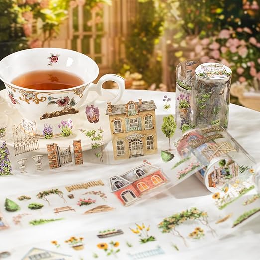 Dream Courtyard PET Tape Set, 4 Rolls of Scenic Ephemera for Junk Journaling, Scrapbooking, Crafting, DIY Projects, Diaries, and Art Supplies