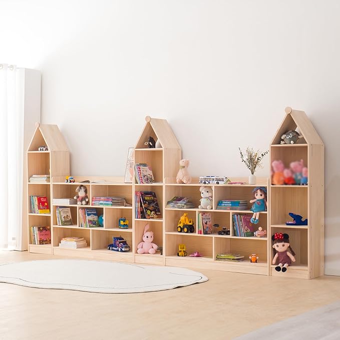 Wooden 7 Compartment Storage Cabinet Organizer Kids 3 Tier Wood Bookshelf School Storage Shelf Classroom Furniture for Kids Natural (47.24" L x 11.81" W x 35.43" H)