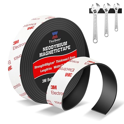 Neodymium Magnetic Tape, Flexible Magnet Tape Strips Roll (1/2'' Wide x 3.3 ft Long) with Strong 3M Adhesive Backing, Magnetic Strips Heavy Duty Perfect for Wall, DIY, Art Projects & Fridge
