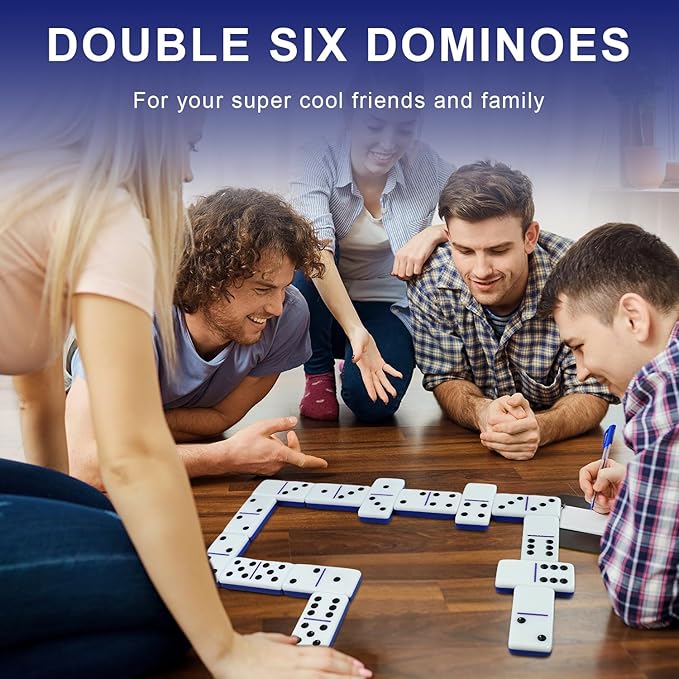 IDTQ Dominoes Set for Adults, Double 6 Dominos Game Set with 28 Domino Tiles Double with Upscale Gift Boxes -7 Polyhedral Dice -Classic Board Games (Dark Blue)