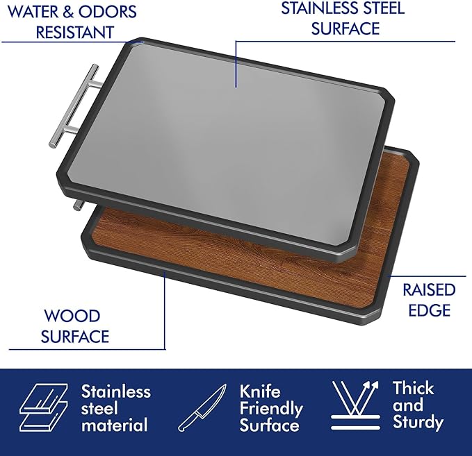 Wood Cutting Board with Handle, Double Sided Cutting Board for Kitchen, 16 * 11 inch 304 Stainless Steel Chopping Board for or Kitchen Meal Prep Serving