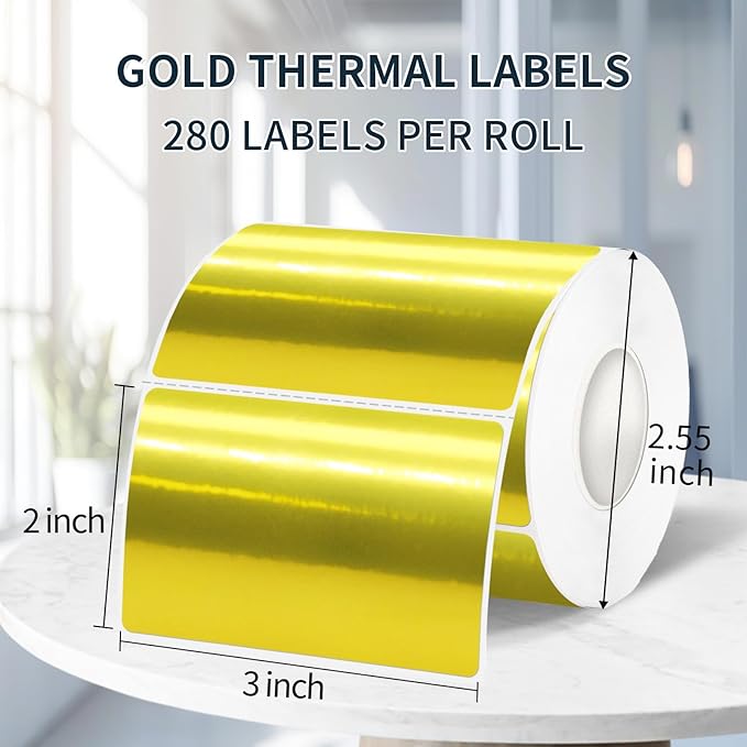 2" x 3" Gold Thermal Label Stickers,Waterproof Thermal Printer Sticker Labels for Gift Wrapping, Self-Adhesive Name Price Tag DIY Custom Logo Design (280 pcs,Gold)