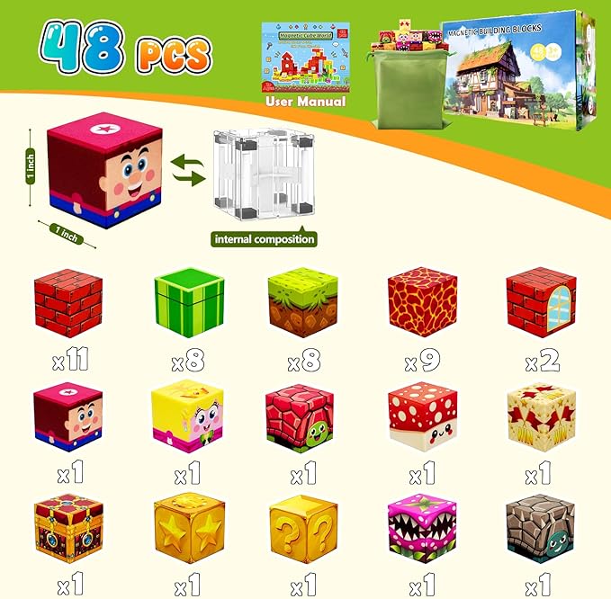 Magnetic Blocks Building Toys for Kids: 48PCS Magnetic Blocks for Kids Ages 4-8, 1" Magnet Cubes, STEM Sensory Toys for Boys & Girls, Christmas Birthday Gifts for Kid Ages 3+