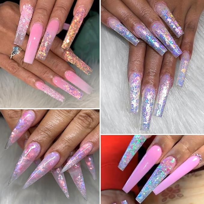 Holographic Iridescent Nail Art Glitter Flakes, 6 Colors Sparkly Ultra-Thin Aurora Foil Nail Art Flakes Designs, Opal Powder Nail Glitters Sequins Acrylic Supplies DIY Manicure Decorations
